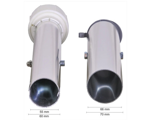 Zwei Siphon Tauchrohre aus Metall mit Größenangaben