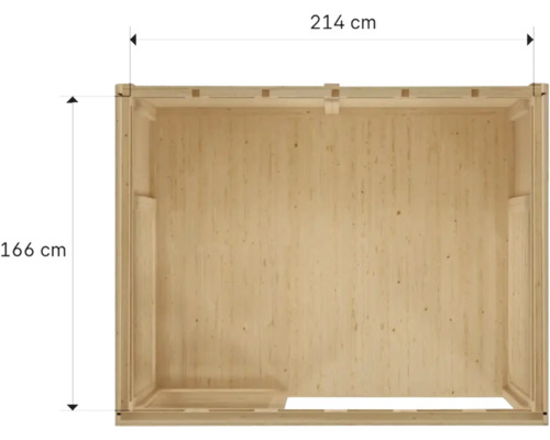 Ansicht eines Holzhauses mit den Maßen 214 mal 166 Zentimeter.