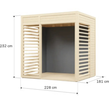 Holz Gartenhaus mit den Maßen 232 cm Höhe, 228 cm Länge und 181 cm Breite