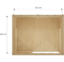 Innenansicht eines Holzgartenhauses mit den Maßen 214 mal 166 Zentimeter.