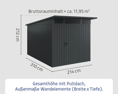 Abmessungen des Gerätehauses mit Pultdach: 212 Zentimeter Höhe, 310 Zentimeter Breite, 214 Zentimeter Tiefe und einem Bruttorauminhalt von circa 11,95 Kubikmetern