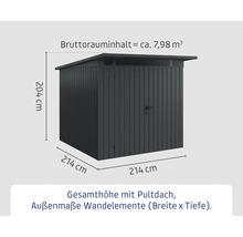 Abbildung eines Geräteschuppens mit den Maßen 214 mal 214 mal 204 Zentimeter.