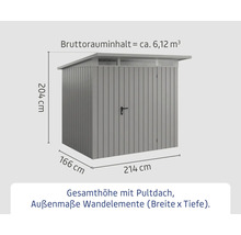 Abmessungen eines grauen Gerätehauses mit Pultdach
