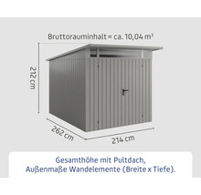 Gartenschrank mit Pultdach, Aussenmasse Wandelemente Breite 214 Zentimeter, Tiefe 262 Zentimeter, Höhe 212 Zentimeter und Bruttorauminhalt 10,04 Kubikmeter.