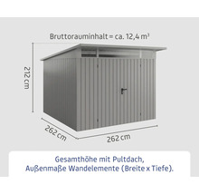 Abbildung eines Gerätehauses mit Pultdach und Maßangaben