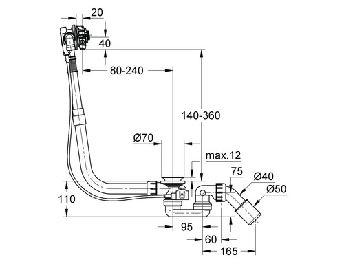 Technische Zeichnung Ablaufgarnitur mit Maßangaben
