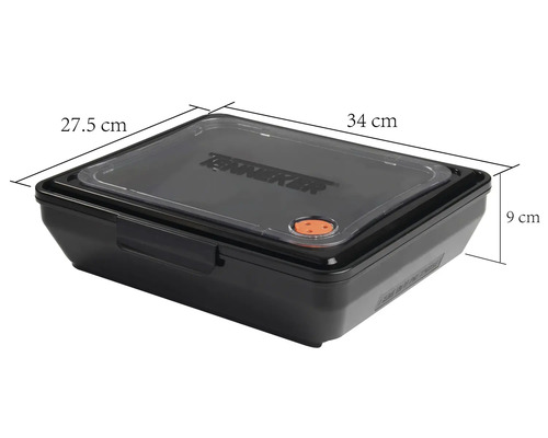 Schwarze Frischhaltedose aus Kunststoff mit den Maßen 34 mal 27,5 mal 9 Zentimeter.