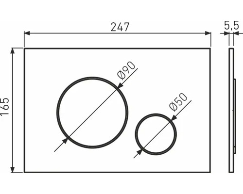 Technische Zeichnung einer Platte mit zwei Aussparungen und Maßangaben.