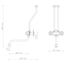 Technische Zeichnung einer Sanitärinstallation mit Maßangaben.