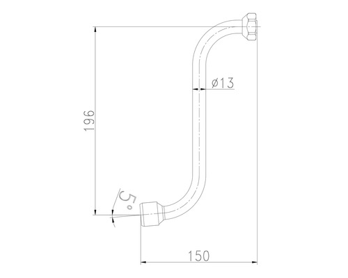Technische Zeichnung eines gebogenen Rohrs mit Maßangaben