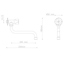 Technische Zeichnung einer Wandauslaufarmatur mit Maßangaben
