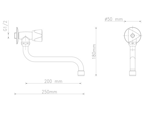 Technische Zeichnung einer Wandauslaufarmatur mit Maßangaben