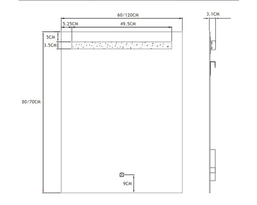 Technische Zeichnung eines Spiegels mit Maßangaben