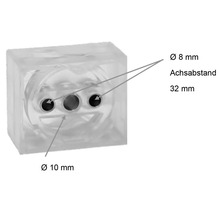 Transparentes Gehäuse mit drei Bohrungen von 8 mm Durchmesser und einer Bohrung von 10 mm Durchmesser