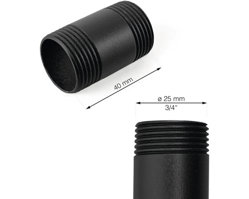 Schwarzes Rohrnippel mit Gewinde, 40 mm Länge und 25 mm Durchmesser