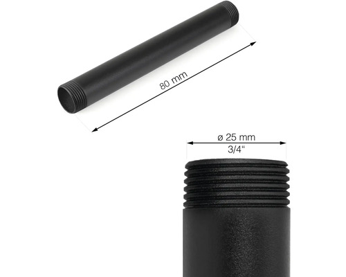 Schwarzes Lampenrohr mit den Maßen 80 mm Länge und 25 mm Durchmesser