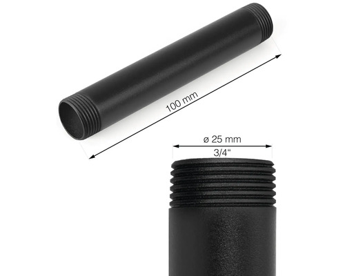 Schwarzes Gewinderohr mit einer Länge von 100 mm und einem Durchmesser von 25 mm (3/4 Zoll)