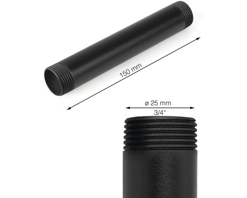 Schwarzes Rohr mit einem Durchmesser von 25 mm und einer Länge von 150 mm