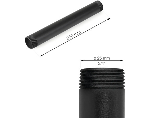 Schwarzes Rohr mit Gewindeenden, 250 mm lang und 25 mm Durchmesser