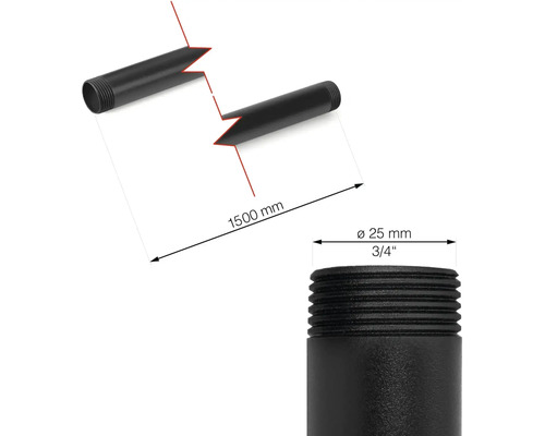 Abbildung eines schwarzen Stahlrohrs mit einer Länge von 1500 mm und einem Durchmesser von 25 mm.