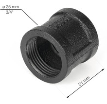 Schwarzes Temperguss-Reduzierstück mit einem Durchmesser von 25 mm
