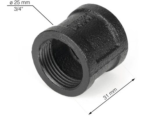 Schwarzes Temperguss-Reduzierstück mit einem Durchmesser von 25 mm