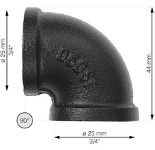 90-Grad-Rohrbogen aus Temperguss, 25 mm Durchmesser