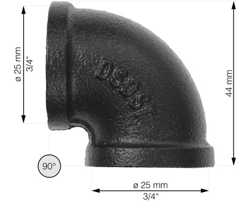 90-Grad-Rohrbogen aus Temperguss, 25 mm Durchmesser