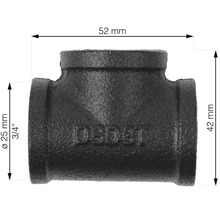 Abbildung eines T-Stücks aus Temperguss mit den Maßen 52 mm Breite und 42 mm Höhe.