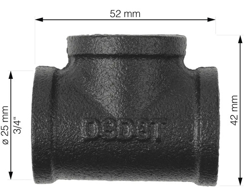 Abbildung eines T-Stücks aus Temperguss mit den Maßen 52 mm Breite und 42 mm Höhe.