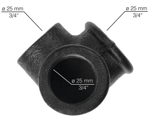 Schwarzes T-Stück aus Temperguss mit einem Durchmesser von 25 mm