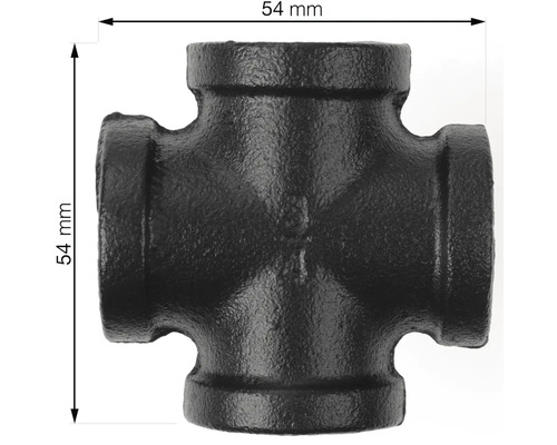 Schwarzes Tempergussfitting Kreuzstück mit einer Größe von 54 mm.