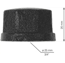 Schwarze Rohrkappe aus Temperguss mit einer Größe von 3/4 Zoll und 20 mm Höhe.