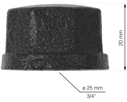 Schwarze Rohrkappe aus Temperguss mit einer Größe von 3/4 Zoll und 20 mm Höhe.
