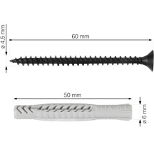 Abbildung einer 60 Millimeter Schraube mit einem Durchmesser von 4,5 Millimetern und einem 50 Millimeter Dübel mit einem Durchmesser von 6 Millimetern.