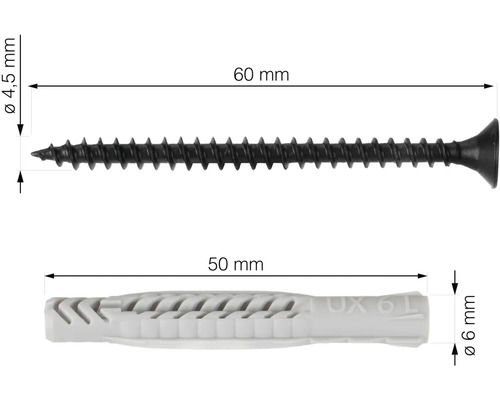 Abbildung einer 60 Millimeter Schraube mit einem Durchmesser von 4,5 Millimetern und einem 50 Millimeter Dübel mit einem Durchmesser von 6 Millimetern.