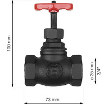 Ventil aus Metall mit den Maßen 100 mm Höhe und 73 mm Breite