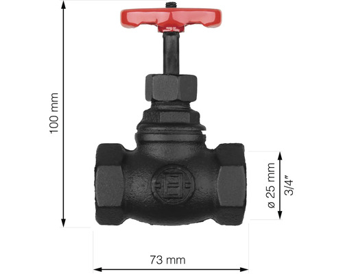 Ventil aus Metall mit den Maßen 100 mm Höhe und 73 mm Breite