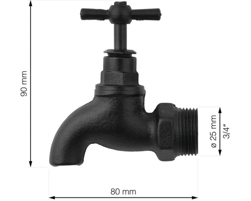 Wasserhahn aus Metall, 90 mm hoch, 80 mm breit, Durchmesser 25 mm