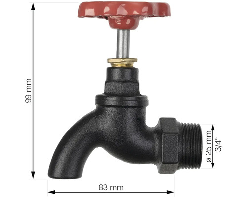 Wasserhahn mit 25 Millimeter Durchmesser und 3/4 Zoll Anschluss