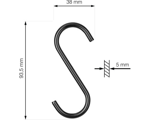 Technische Zeichnung eines S-Haken mit den Maßen 93,5 mm Länge, 38 mm Breite und 5 mm Materialstärke