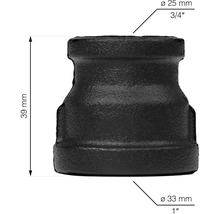 Schwarze Rohrreduktion mit den Maßen 25 Millimeter auf 33 Millimeter und einer Höhe von 39 Millimetern.