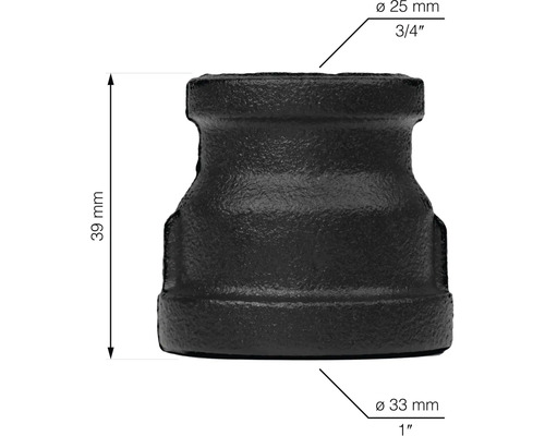 Schwarze Rohrreduktion mit den Maßen 25 Millimeter auf 33 Millimeter und einer Höhe von 39 Millimetern.