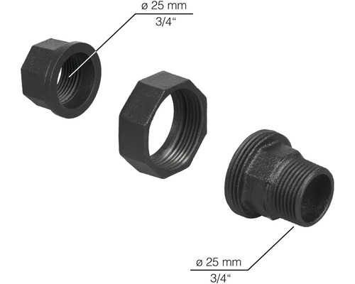 Schraubfittinge aus Temperguss mit einem Durchmesser von 25 mm und einem Zollgewinde von 3/4