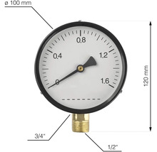 Manometer mit einem Durchmesser von 100 mm und einer Höhe von 120 mm, ausgestattet mit einem 3/4-Zoll- und einem 1/2-Zoll-Anschluss