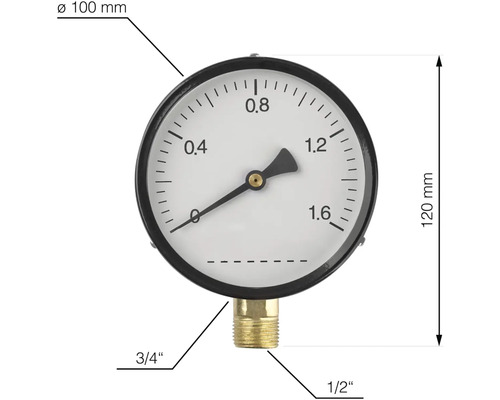 Manometer mit einem Durchmesser von 100 mm und einer Höhe von 120 mm, ausgestattet mit einem 3/4-Zoll- und einem 1/2-Zoll-Anschluss