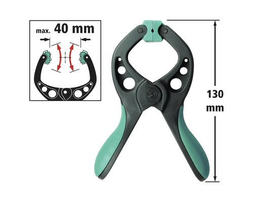 Federzwinge mit einer Länge von 130 mm und einer maximalen Spannweite von 40 mm.