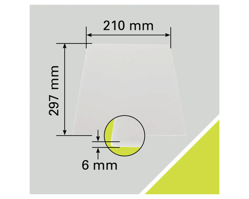 Technische Zeichnung einer Platte mit den Maßen 210 Millimeter mal 297 Millimeter und einer Dicke von 6 Millimetern.