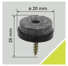 Filzgleiter mit Schraube, Durchmesser 20 Millimeter, Höhe 25 Millimeter