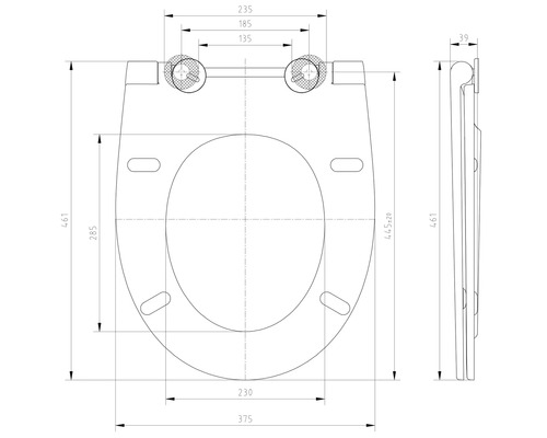 Technische Zeichnung eines WC-Sitzes mit Bemaßung